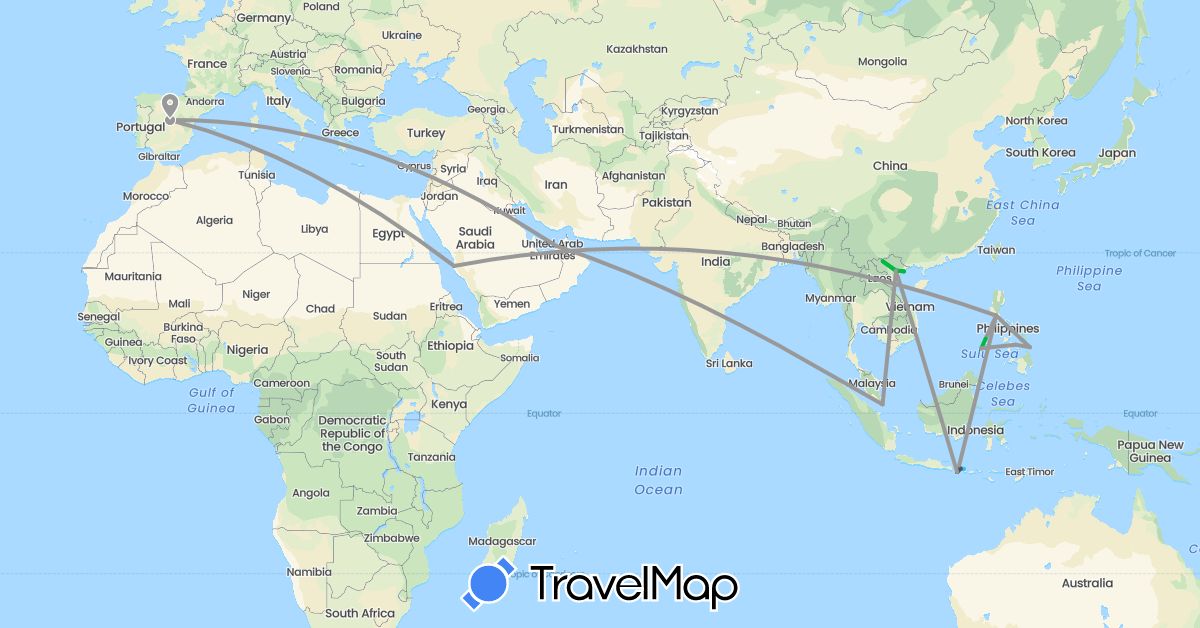 TravelMap itinerary: driving, bus, plane, boat, motorbike in United Arab Emirates, Spain, Indonesia, Philippines, Saudi Arabia, Singapore, Vietnam (Asia, Europe)